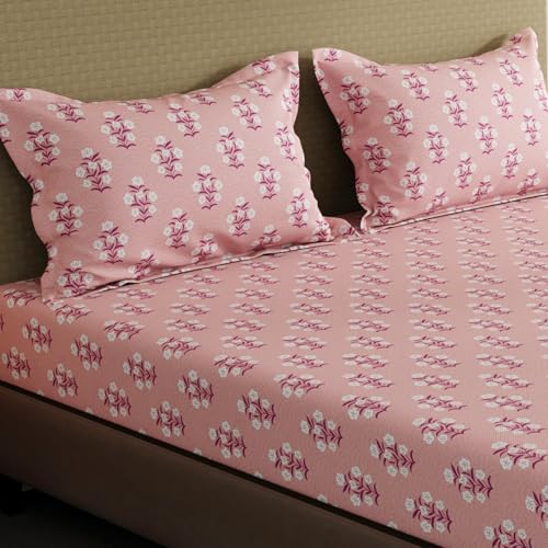Image of Layers 100% Cotton Bedsheet for King Size Bed | Lumina Floret Collection | 144 TC Soft & Breathable | Floral Print with 2 Pillow Covers | Wrinkle Free & Colorfast | 3 Piece Bedding Set - Pink