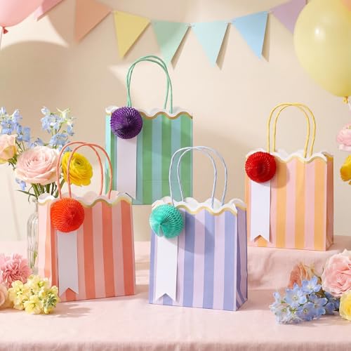 Gersoniel 24 Pcs Pastel Stripe Paper Gift Bags with Honeycomb Ball Tag Colorful Scalloped Treat Bags with Handles Candy Goodie Bag Bulk for Birthday Baby Shower Wedding Party Favors Supplies(Bright)
