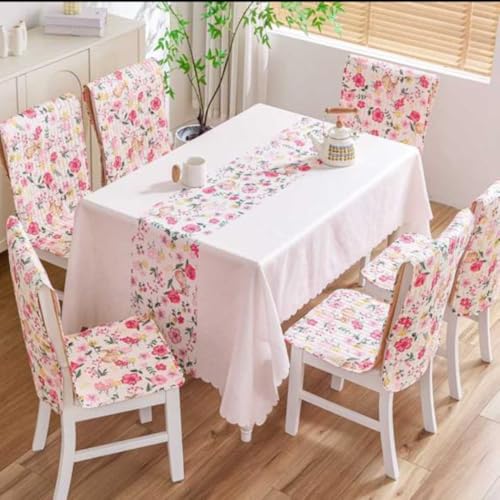 Image of HOMETHREADS Floral Cotton Chair Cover Set | Soft & Comfortable Seat Covers with Anti-Skid Non-Slip Backing + Waterproof Dining Table Cover (150x240cm) (White Green, 8 Chair Covers + 1 Table Cover)