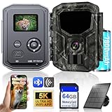 Lutranstra 5KB Wildkamera mit Handyübertragung App, 5K/64MP HD Wildkamera mit Wiederaufladbare 7800mAh Akku, Infrarot Wildtierkamera mit 64G SD Karte & Solarpanel, Bewegungssensor, Nachtsicht, IP66