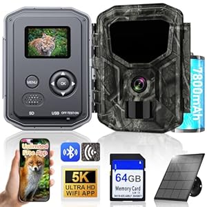Lutranstra 5KB Wildkamera mit Handyübertragung App, 5K/64MP HD Wildkamera mit Wiederaufladbare 7800mAh Akku, Infrarot Wildtierkamera mit 64G SD Karte & Solarpanel, Bewegungssensor, Nachtsicht, IP66