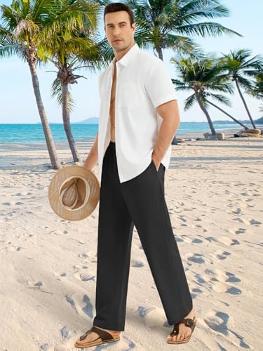 Auxo Linen Pants Men Casual Beach Summer Pants for Men Elastic Waist Drawstring Lightweight Wide Leg Trousers Loose Fit Cotton Pants Black Large — view 3