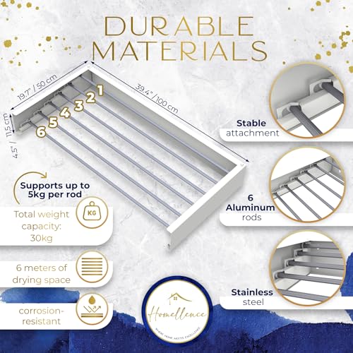Homellence - Wall Mounted Clothes Drying Rack Retractable - Elegant Space Saving Wall Mounted Clothes Dryer Clothes Airer with 6 Rods for 6m of Hanging Line, 30kg Capacity (White, 100cm) - Image 2