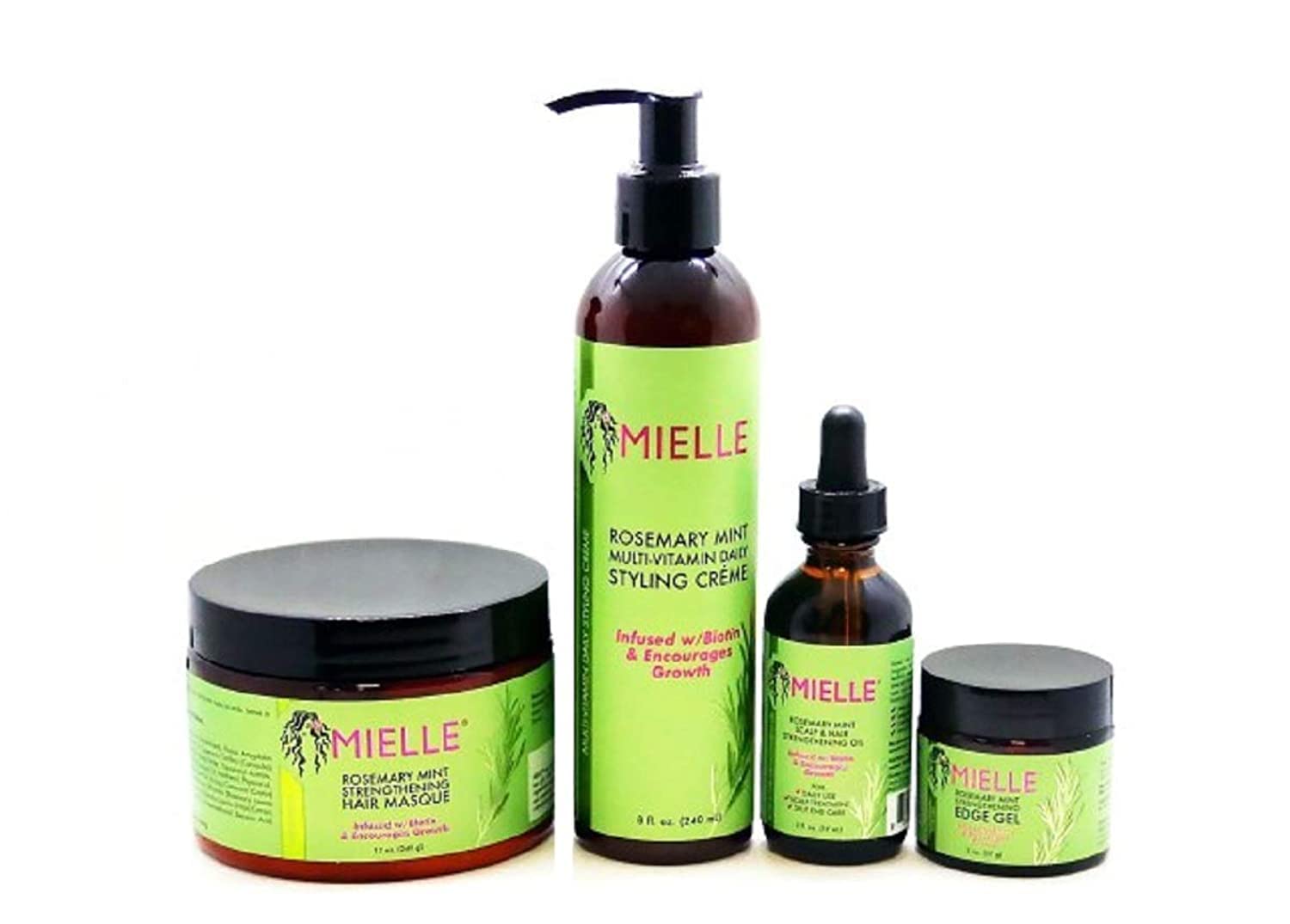 Mielle Organics Rosemary Mint Combo (Cream & Oil & Masque & Edge Gel) - Strengthening Formula - Sulfate-Free - For All Hair Types - Salon-Quality Results