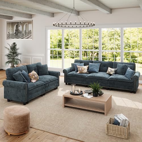 Image of SUNSHINE VALLEY 2-Piece 5-Seater Cloud Modular Sofa Set, Oversized Mid-Century Modern Couch Set with Loveseat and Throw Pillows, Extra Deep & Wider Cushions for Living Room, Chenille Cyan