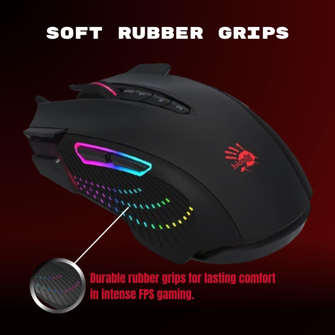 Bloody J90s RGB Gaming Mouse, High Precision 8000 CPI, 150 IPS, 25g Acceleration, 12 Customizable Buttons, Ambidextrous