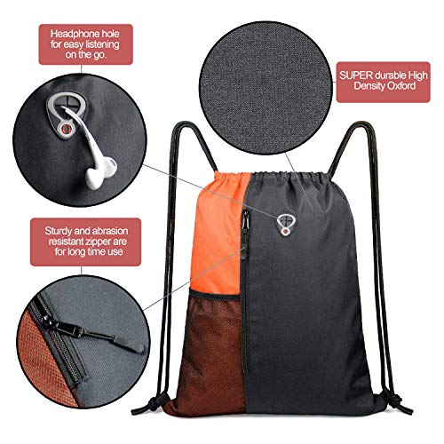 Image of BeeGreen Oranage Drawstring Backpack Bag With Water Bottle Pocket &Front Zippered Pocket Sport Gym String Backpack Sackpack For Men Women