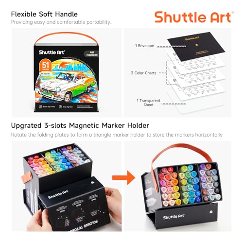 SHUTTLE ART 48 kolorów markery artystyczne z podwójną końcówką, trwałe markery z etui, idealne do ilustracji dla dorosłych, kolorowania, szkicowania i tworzenia kart, wielokolorowe