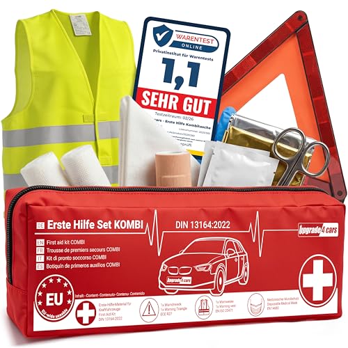 Upgrade4cars Auto Verbandskasten 2026 mit Warndreieck & Warnweste nach aktueller Norm DIN 13164 Europaweit Gültig Kfz Kombitasche Erste Hilfe Pannenset Unfall Zubehör Pannendreieck