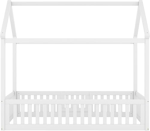 Miniatura 5 de MERITLINE Marco de cama individual para niños, cama Montessori de madera con diseño de valla y puerta, cama individual con rieles para niñas y niños