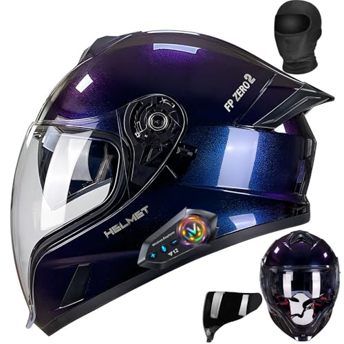 Bluetooth Full Face Motorcycle Helmet DOT Approved Modular Motorcycle Helmets with Built-in Sun Visor, Multi-Ventilation Ports, for Adults Men Women Casco Moto Hombres Mujeres (E, XXL61~62CM)