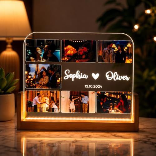 Image of Custom Photo Collage LED Lamp | Personalized Acrylic Night Lamp with Wooden Base | Photo Frame Light with Name | Couple Gift | u Shape (Large(13 * 8.5), u Shape)