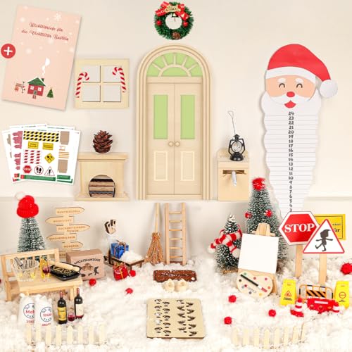 WILDPARTY Conjunto de 75 peças para porta de duendes com cartas de duendes e acessórios de Natal para casa de duendes que brilham no escuro, porta elfo, lareira, assar, cavalete completo,