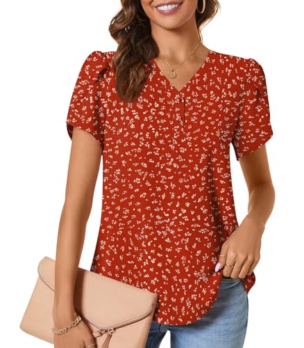 CATHY Womens Casual Summer Tops Dressy Petal Short Sleeve Chiffon Shirts Button Up V Neck Tunic Blouses
