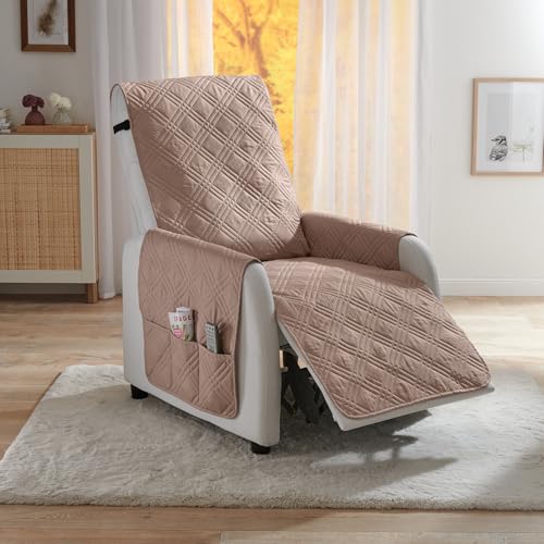 Eldo® Sesselschoner beige 190x60 cm – Rutschhemmende Unterseite für perfekten Sitz – Armlehnen mit praktischen Taschen – Sesselauflage Zeitloser Rautenstepp – Flecken- & wasserabweisend – Rückengurt