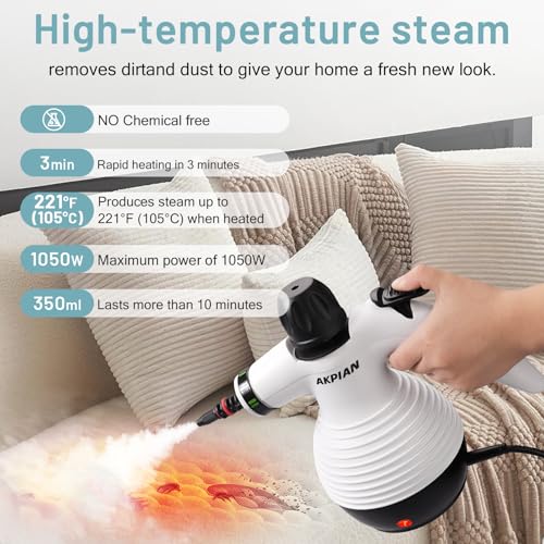 Handheld Steam Cleaner, Steamer for Cleaning, Multipurpose Portable Steam Cleaners for Home Use with Safety Lock and 10 Accessory Kit to Remove Grime, Grease, and More, Save Time and Effort (White)