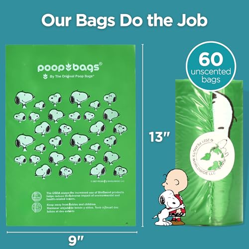 Image of The Original Poop Bags 38% USDA Biobased Pet Waste Bags, Peanuts Design, Leak-Resistant & Durable Leash Rolls, Black /Green, 60 Count