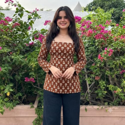 Image of Women's Rayon Printed Short Kurti | Straight Fit Casual Ethnic Top | Square Neck Full Sleeve Ladies Kurti Office College