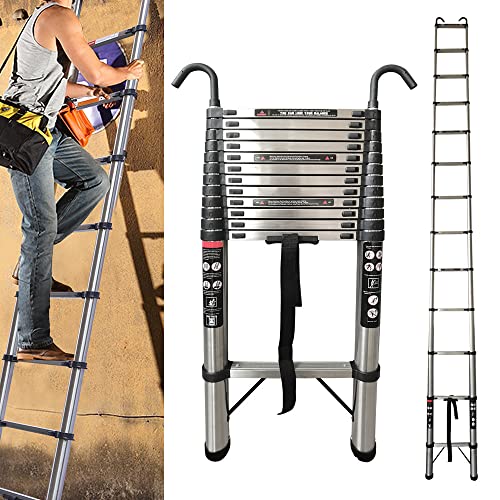 Echelle Telescopique 5m Echelle de Toit avec Crochets Echelle Pliante 12 Echelons Échelle Télescopique Extensible en Acier Inoxydable, Charge Maximale: 150kg