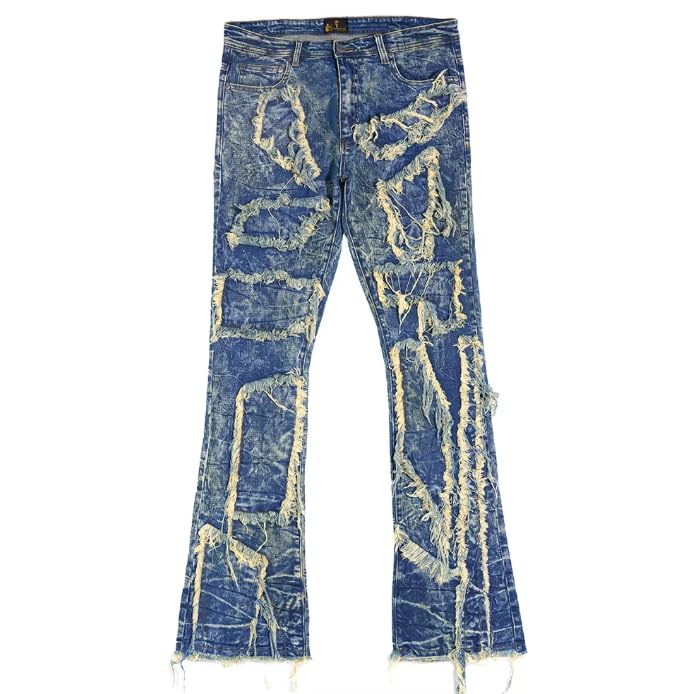 Men's Slim-fit Mid-Rise Denim Jeans with Tie-dye and Distressed Frayed Edges - Casual and Retro Men's Denim Jeans