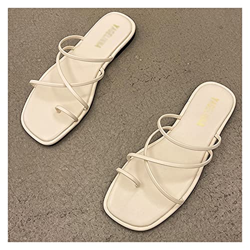 MTFBQ Leather Sandals for Women Flat Square Open Toe Flat Slipper,Slingback Ankle Strap Flip Flops for Women ​Summer Beach Flats Shoes Slip On Open Toe Indoor Outdoor Slipper