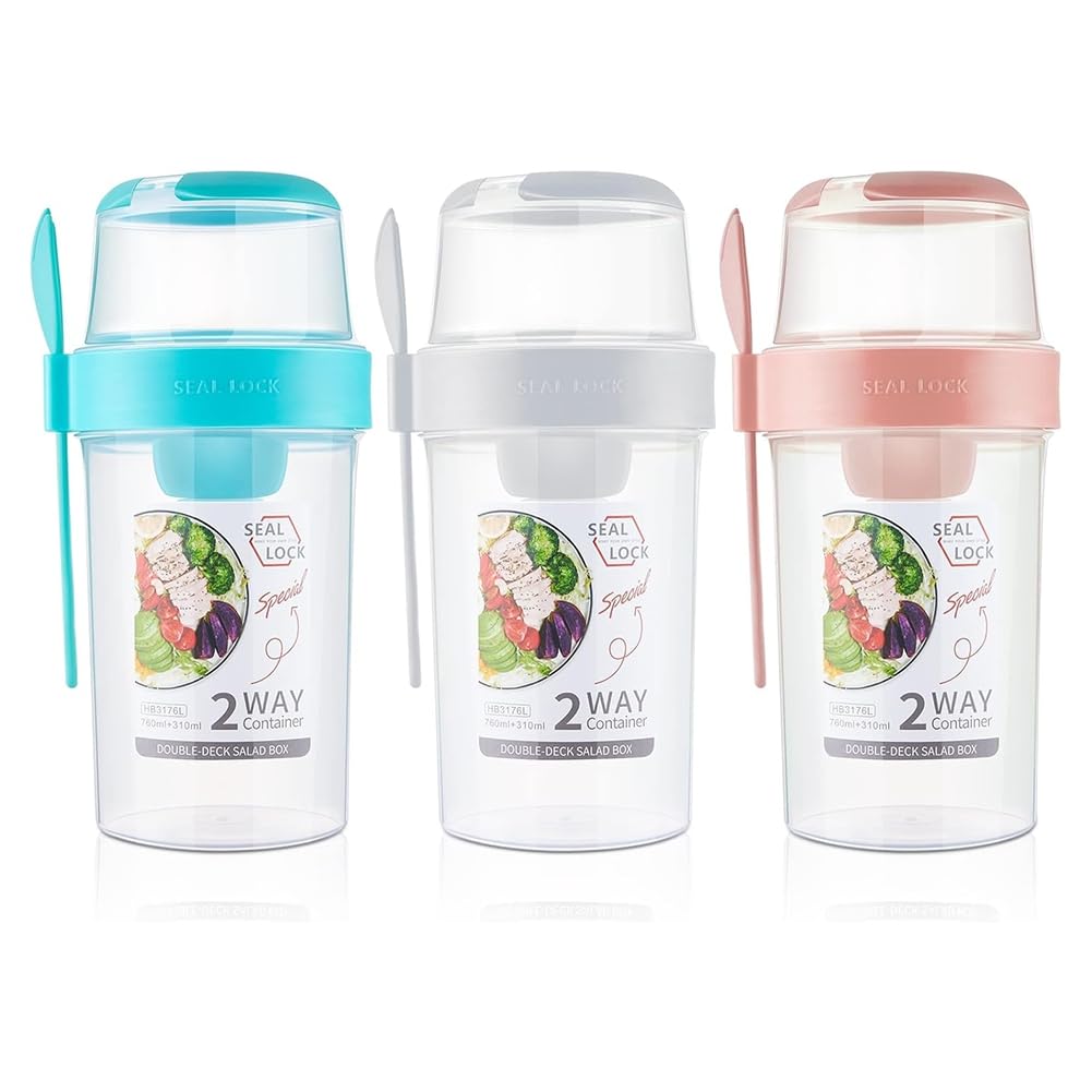 IJSDNVJNDX Portable Salad Shaker Cup 3 Pcs with Lids and Fork Salad Container for Lunch, Breakfast Meal Vegetables Fruits