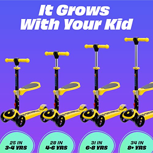 SKIDEE Kick Scooters for Kids Ages 3-5, Adjustable Height Foldable Scooter with Removable Seat, 3 LED Light Wheels, Rear Brake, Wide Standing Board, Suitable Up to 12 Year Old Boys/Girls, Yellow