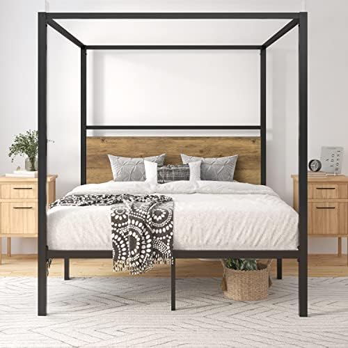 ikalido Queen Size Metal Canopy Bed Frame with Wooden Headboard, Classic Design Canopy Bed with 4 Sturdy Posters, Noise Free/ No Box Spring Needed/ Industrial Brown
