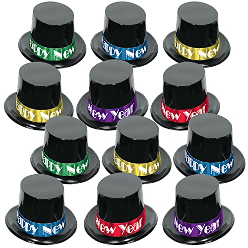 Beistle Midnight Magic New Year Toppers – 12 Pack, Black Plastic Top Hats with Assorted Foil Bands, Classic New Year’s Eve Celebration Headwear, One Size Fits Most Adults