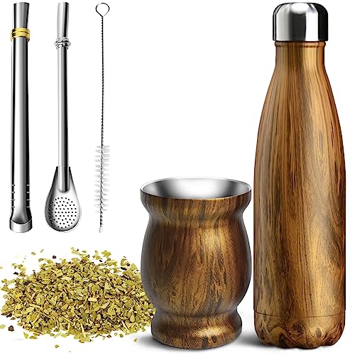 Artcome Lot de 5 tasses Yerba Mate en acier inoxydable – 1 tasse à double paroi en acier inoxydable de 250 ml, 1 thermos de 500 ml, 2 bombillas (paille Yerba Maté), 1 brosse, facile à nettoyer