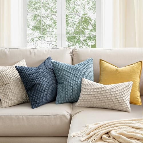 MIULEE Soft Corduroy Boho Striped Throw Pillow Covers 18x18 Inch Cream White