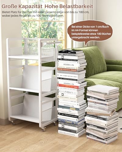 Noskox Mobiles Bücherregal mit Rollen, Metall-Rollwagen mit 3 Etagen, Handgriff und 3 magnetischen Buchstützen für Büro, Wohnzimmer und Arbeitszimmer, Weiß