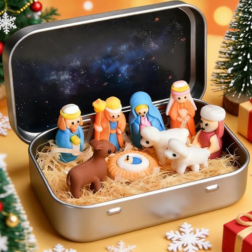 magimagi Krippenfiguren, Mini Weihnachtskrippe Set in Blechdose, 3D...