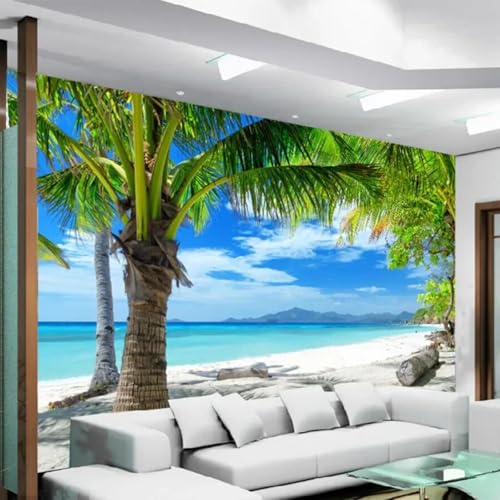 WEITAOSM Mural fotográfico 3D moderno con diseño de cielo azul, nube blanca, playa, árbol de coco, paisaje, sala de estar, dormitorio, TV, sofá, fondo, mural de pared