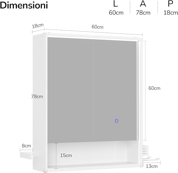 Specchio Bagno Contenitore 60x78x18 cm – Luce LED 3 Lati, Touch con 3 Luci & Prese + USB, Porta Asciugacapelli e Asciugamani, Mobile Bagno con Specchio a Due Ante – Soft-Close - 2