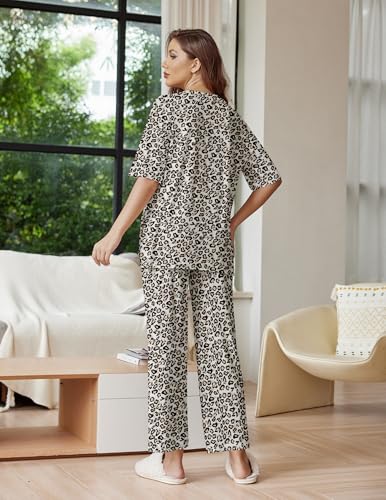 Image of Ekouaer Lounge Sets for Women Short Sleeve Tops and Long Pants Soft Comfy Pajamas Set 2 Piece Outfits