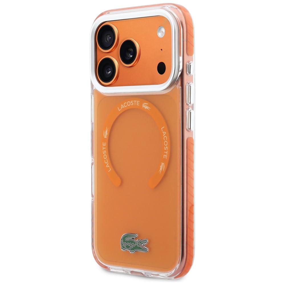 CG MOBILE Lacoste Coque anti-chocs transparente givrée compatible avec MagSafe pour iPhone 17 Pro, orange