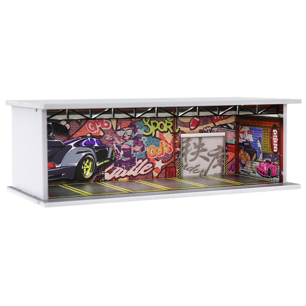 G-FANS 1/64 Scale Hot die-cast Wheels Model car scenarios Display case with LED Light and Acrylic Cover, Scenes Parking lot Diorama Storage Garage Box with 6 Parking Spaces (Graffiti)