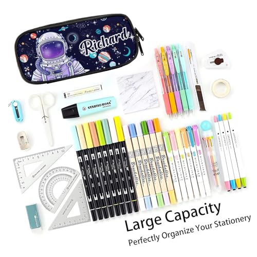 Image of Custom Astronaut Space Planets Pencil Case, Personalized Name Large Pencil Pouch, Large Capacity Black Pencil Pouch with Zipper Compartments for Student Girl Boy