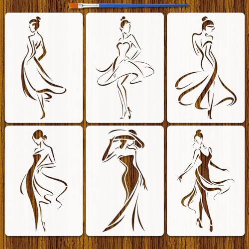 FINGERINSPIRE 6Pcs Pochoirs Femme Élégante Avec Pinceau, 29.7x21cm Réutilisable Femme Aux Lignes Simples Pochoir Silhouette Dame Modèle pour Peinture sur...