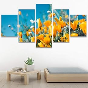SIGNWIN 5 Panel Canvas Wall Art Bright Flowers...