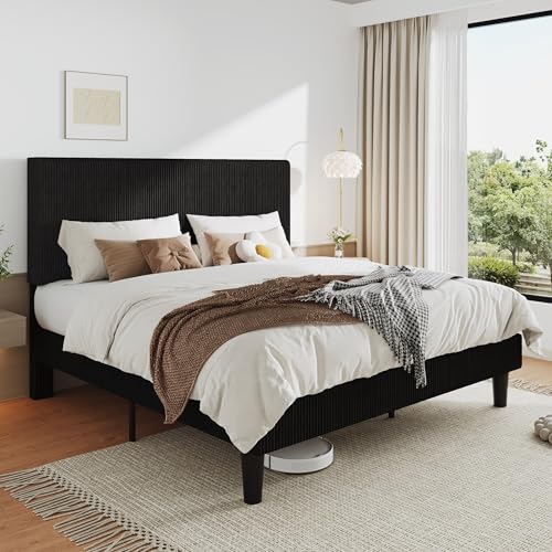 Image of Allewie King Bed Frame, Corduroy Tufted Headboard, Black