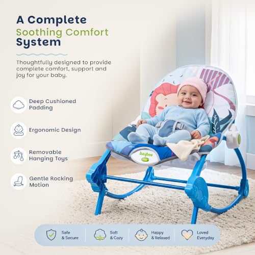 Image of Baybee 2 in 1 Baby Rocker & Bouncer, 3-Position Recline, Soothing Music, Removable Hanging Toys, Soft Cushioned Seat & Safety Harness, Rocking Chair for Newborn 0-3 Years (Blue)
