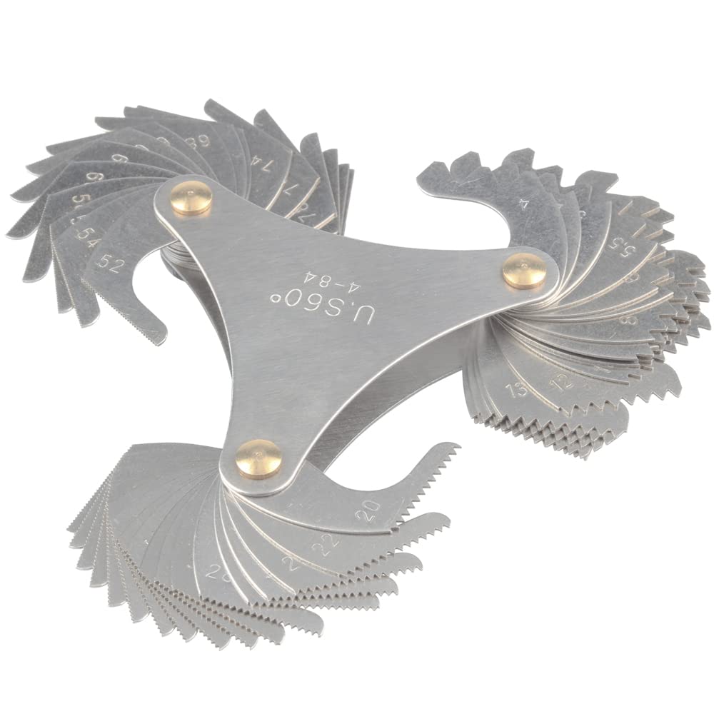 Mesee Jauge de Prise de Filetage Pliable Inox, Jauge à Pas de Vis 60° Americaine en Acier Inoxydable, Jauge de Filet de 60 Degrés Outil de Mesure Calibres de Filetage avec 51 Lames