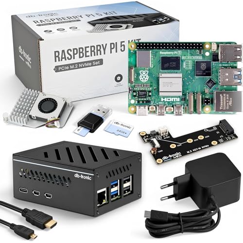 db-tronic Raspberry Pi 5 4GB NVMe Set | Edition 64GB | Power Supply 27W | Metal Housing | Active Cooler | M.2 NVMe SSD PCIe Board | Perfect for Home Assistant Smart Home & Retro Gaming