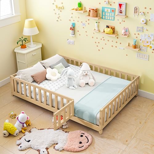 Osparple Full Size Floor Bed, Toddler Floor Bed Frame with High Guardrails, Solid Wood Montessori Beds Full with Support Slats, Fence and Door for Kids, Boys or Girls, Natural