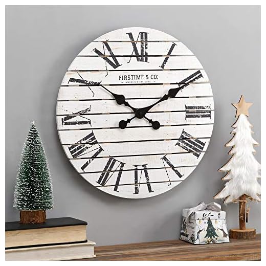 FirsTime & Co. White Farmhouse Shiplap Wall Clock, Large Vintage Decor for Living Room, Home Office, Round, Wood, Boho, 18 inches