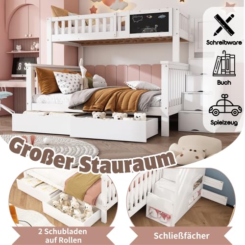 Merax Kinder-Etagenbett 90x200+140x200 cm mit Tafel, Schubladen, Treppe und Sicherheitsgeländer, Multifunktionales Hochbett, Weiß, Massivholz