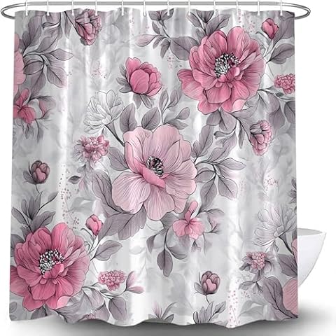 LAEDCIITI Floral Shower Curtain Pink Grey Watercolor Floral Spring Flower Modern Aesthetic Flower Elegant Wildflower Vintage Rustic Farmhouse Fabric Bathroom Curtain Set with Hook Cover