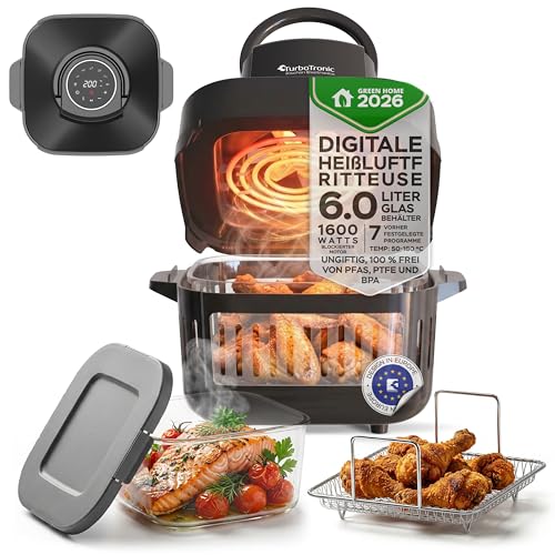 TurboTronic Heißluftfritteuse 6 L - AFG6-1600 W Glas Airfryer – Digitale Heißluft Fritteuse 50–180 °C 7 Programme Touch-Display Air Fryer Heißluftofen BPA-frei (grau)